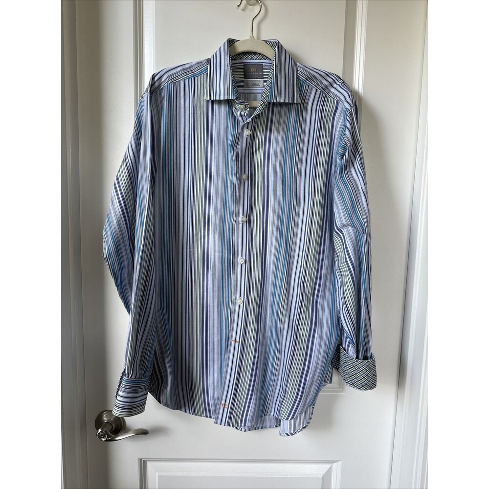 Thomas Dean Dress Shirt Mens L Blue Green Stripe Cotton Long Sleeve Flip Cuff